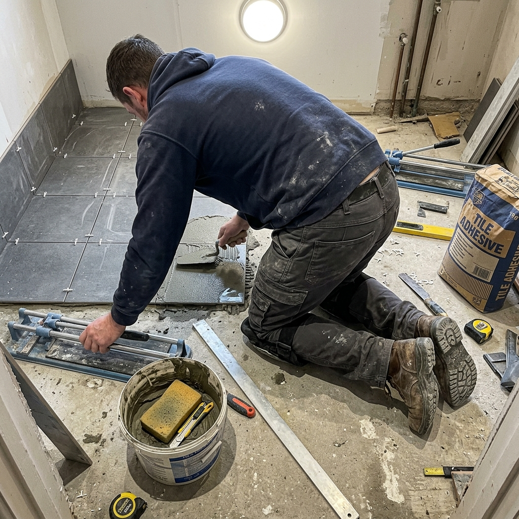 A tradesman kneeling with his strap-on knee pads slipped down to his shins