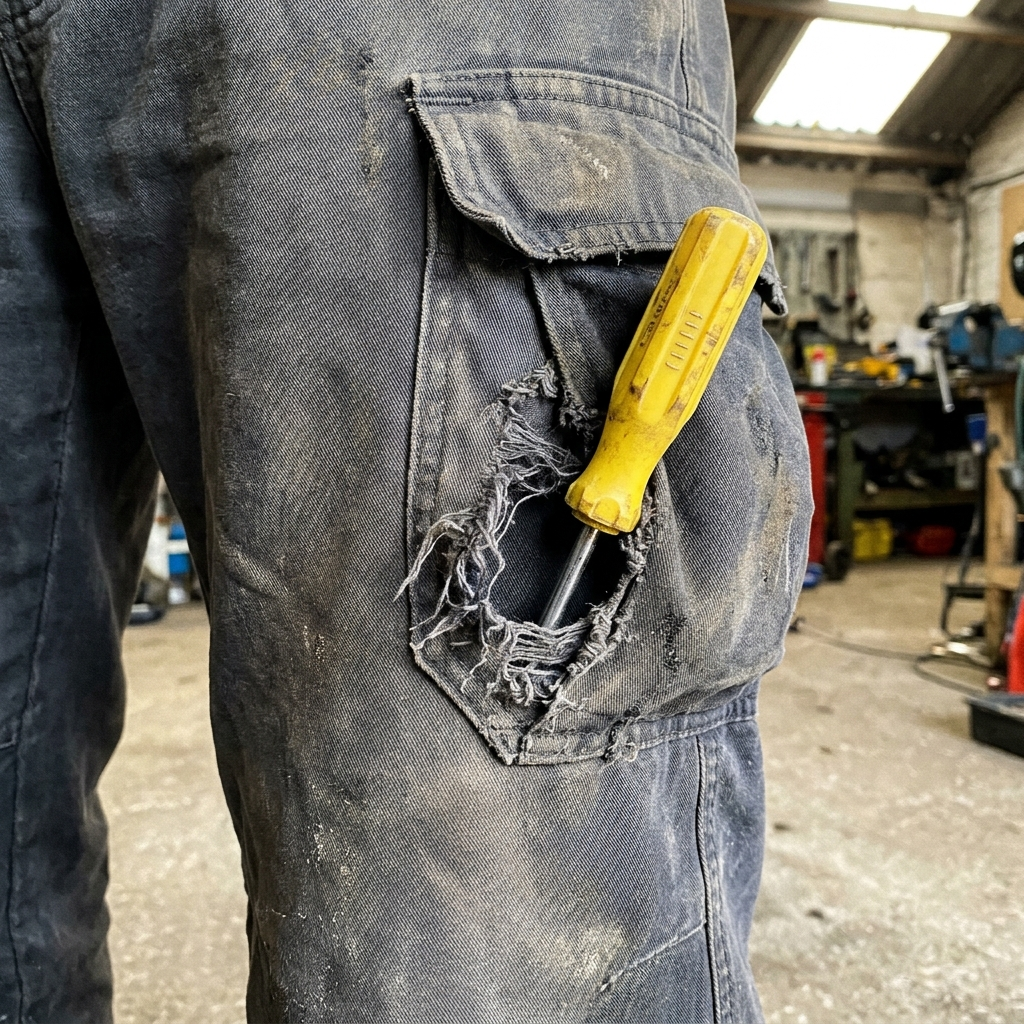 A screwdriver poking through a hole worn in a thin, un-reinforced thigh pocket