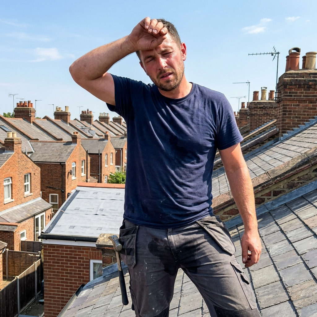 Roofer on a roof soaked through with sweat, work trousers stuck to his legs