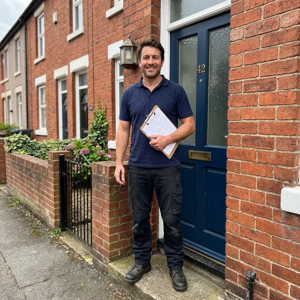 A self-employed tradesman standing sharp and clean at a customer's front door holding a clipboard, ready to quote a job