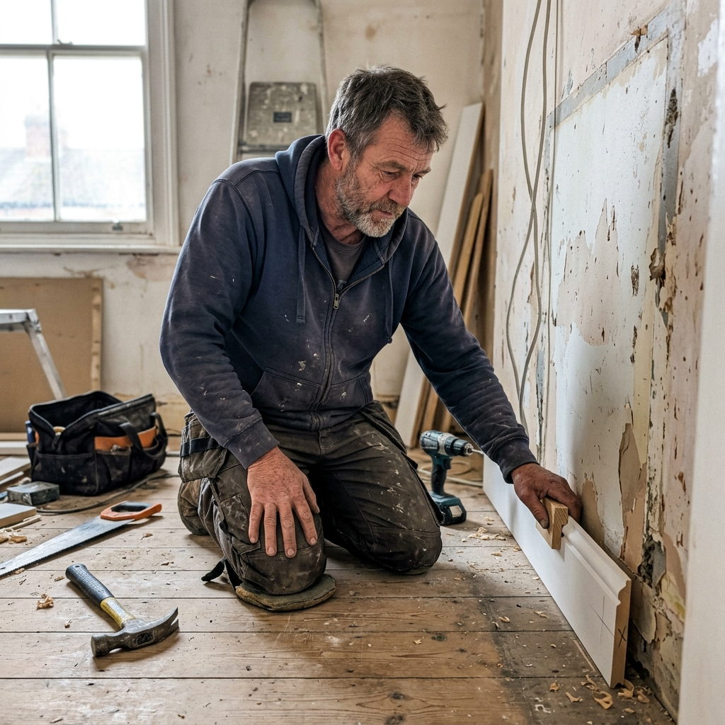 An older tradesman kneeling on a floor, one hand on his knee