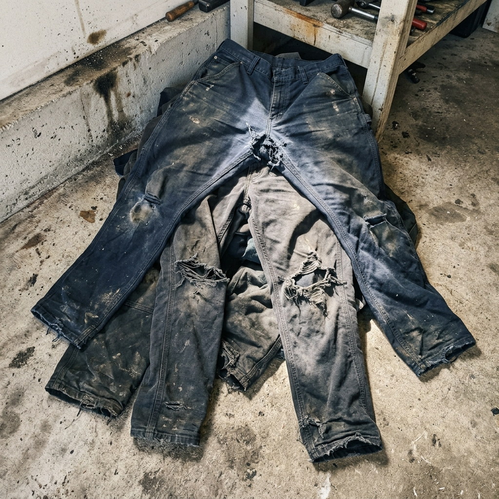 A pile of worn-out work trousers with blown-out crotches