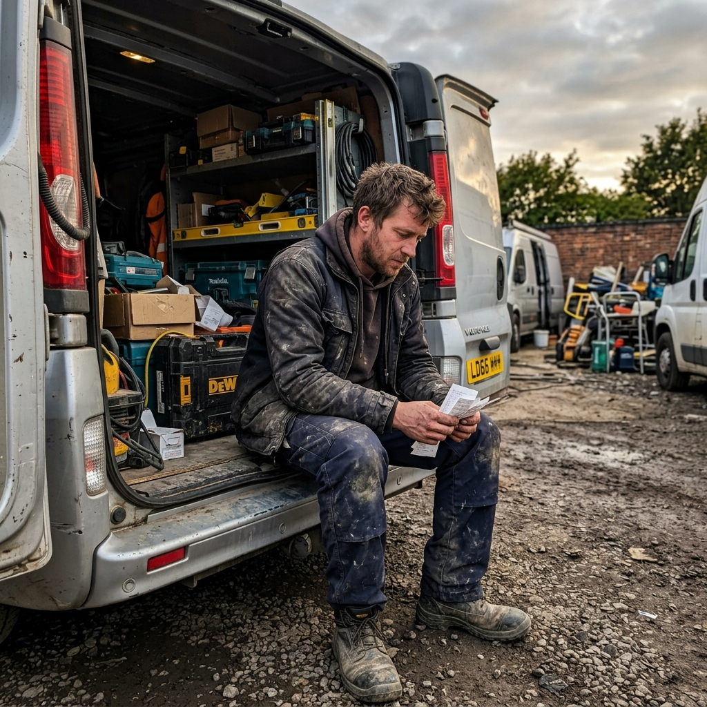 A tradesman sitting in the back of his van counting a fistful of receipts