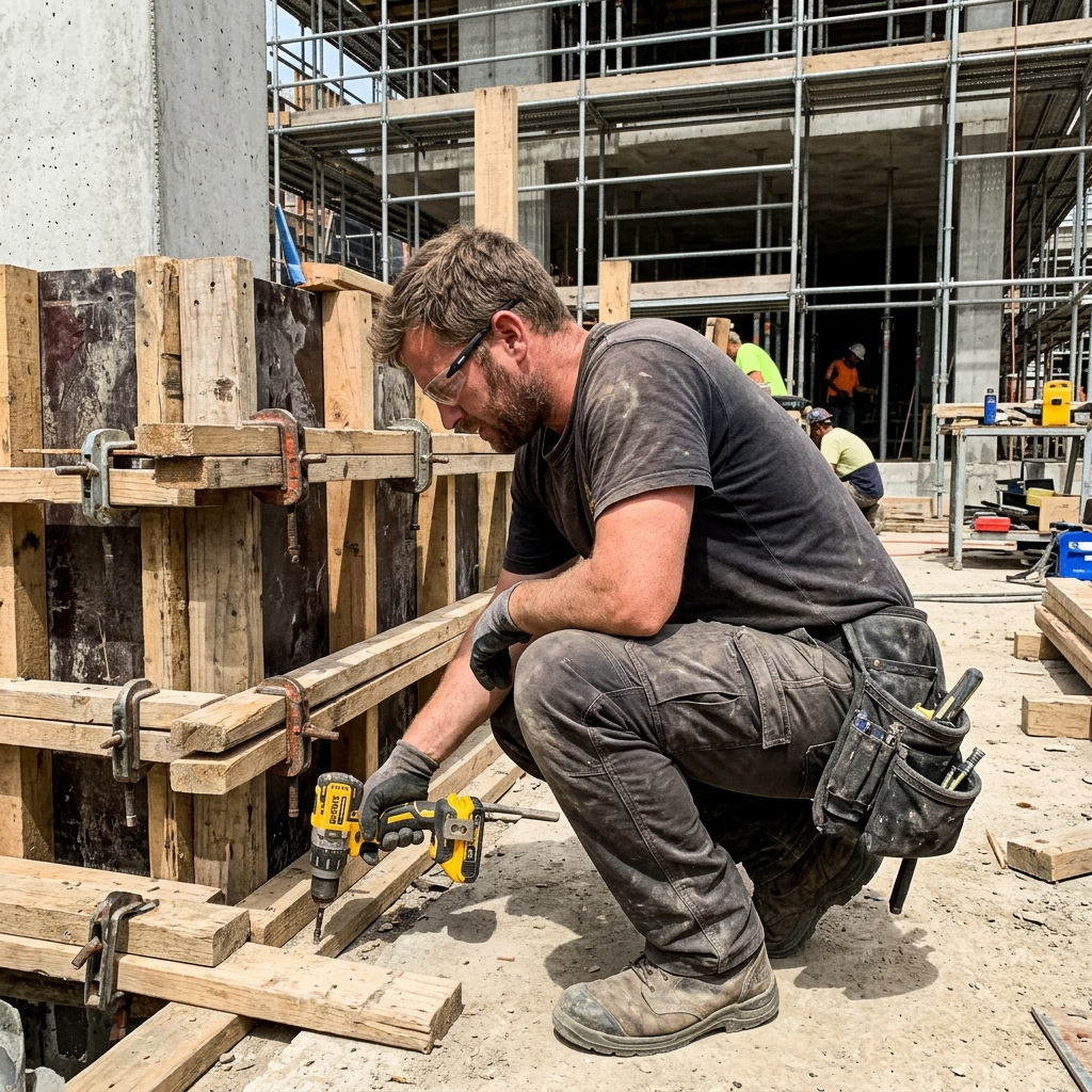 The same tradesman squatting and grafting hard on a job, trousers under full working strain
