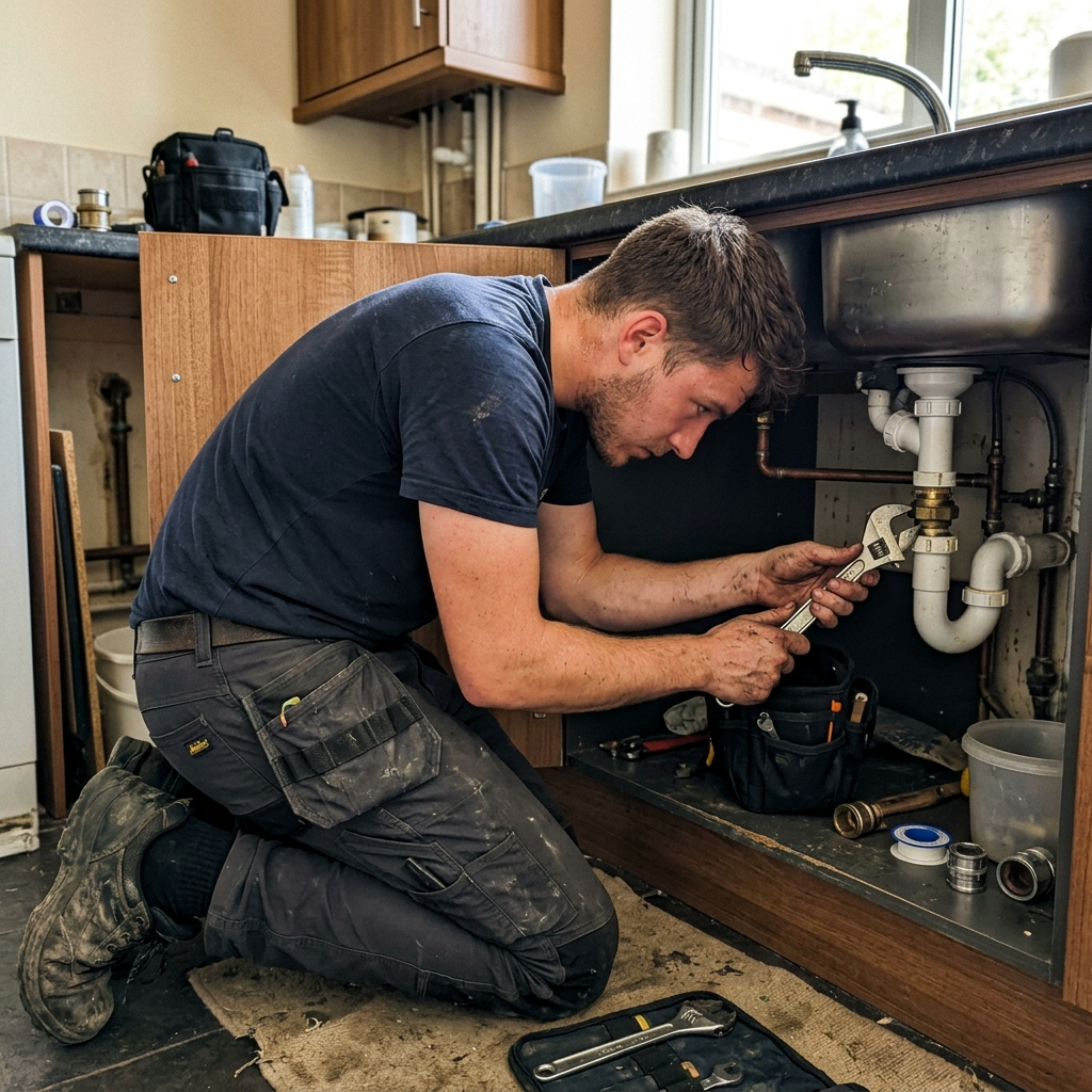 Plumber crouched under a sink, trousers moving freely with the squat