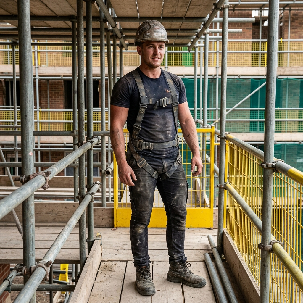 The tradesman working hard on site in the trousers, fabric under strain