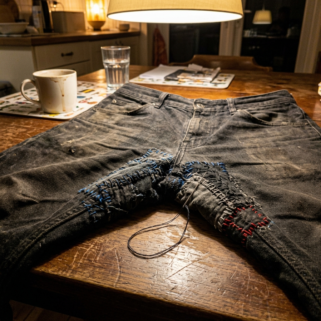 A needle and thread on a pair of hand-patched work trousers