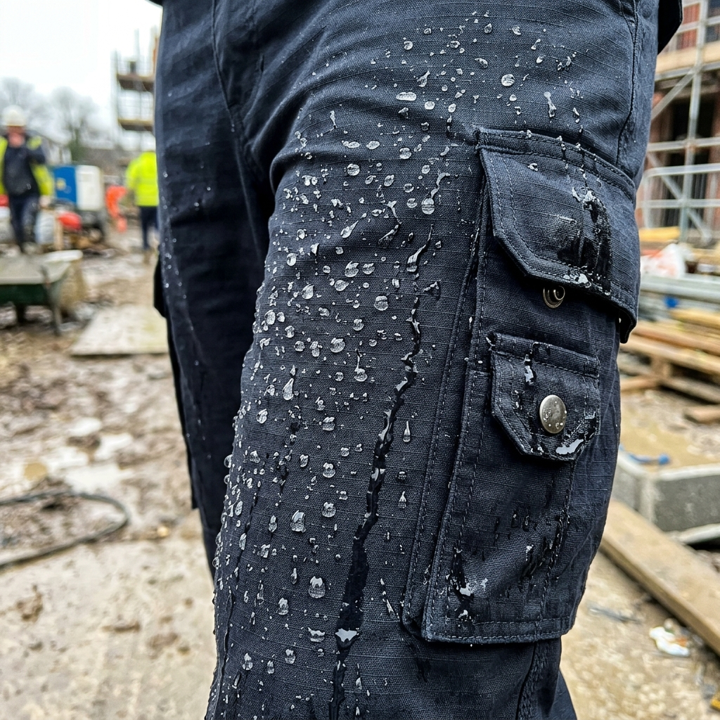 Water beading up and rolling off the water-repellent finish on a pair of dark cargo work trousers