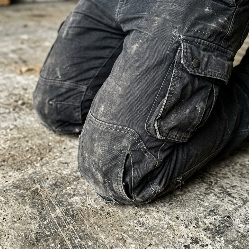 Reinforced articulated knee panel of the work trousers