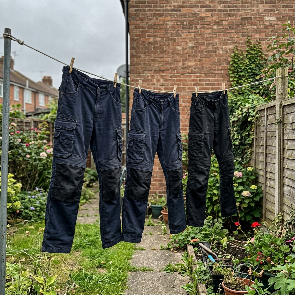Three pairs of Bastion work trousers hanging on a washing line, still holding shape and colour