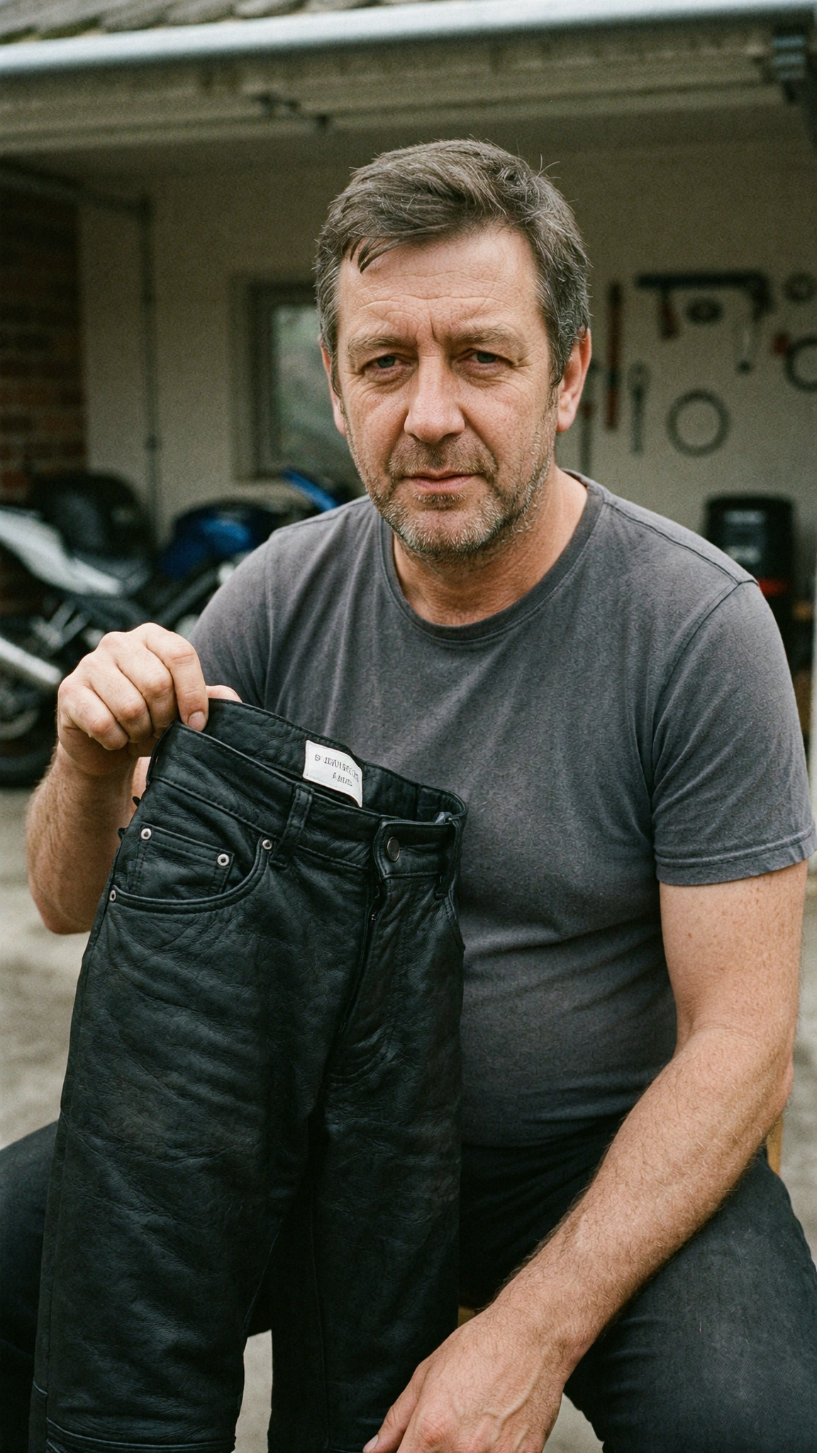 Rider weighing up a pair of leather trousers
