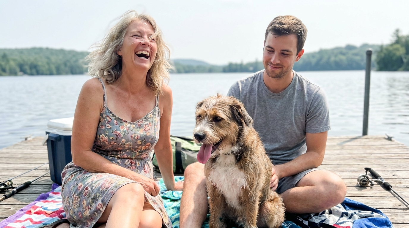 The GulpUp family — mom, son and their dog at the lake