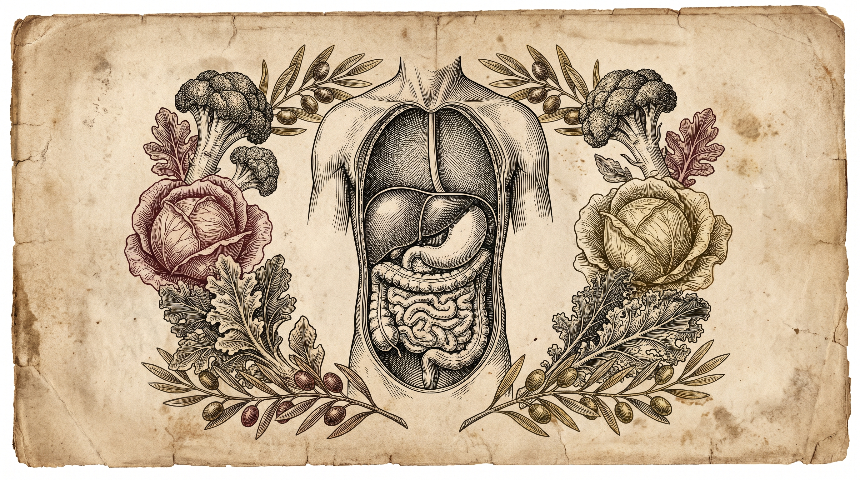 Grabado anatómico en cobre del torso masculino, los órganos digestivos y verduras crucíferas