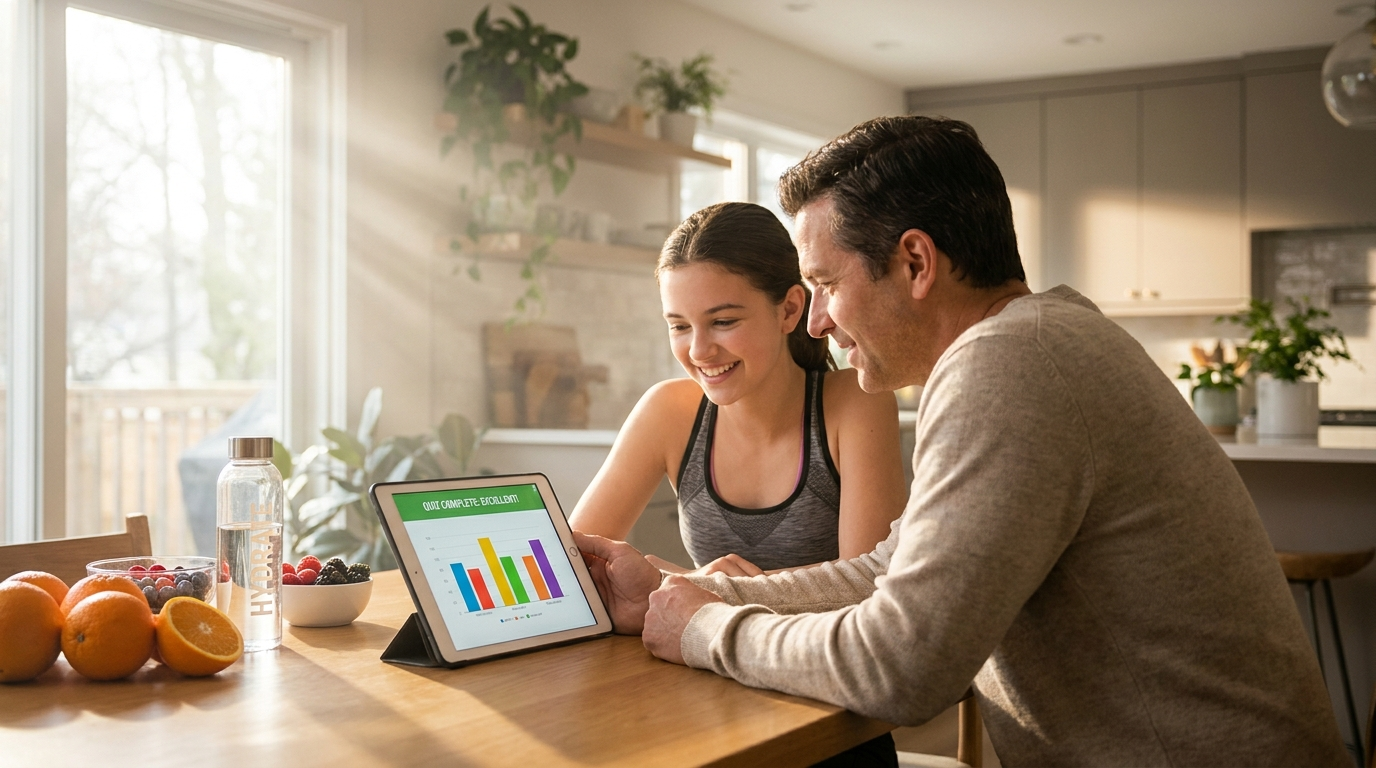 Parent and young athlete reviewing fueling quiz results together at the kitchen table
