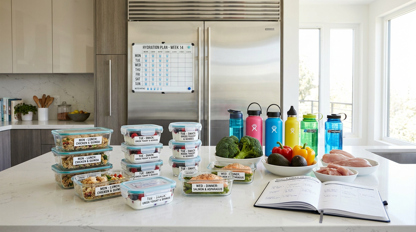 Structured athlete meal prep station with labeled containers, hydration plan, and fresh whole foods