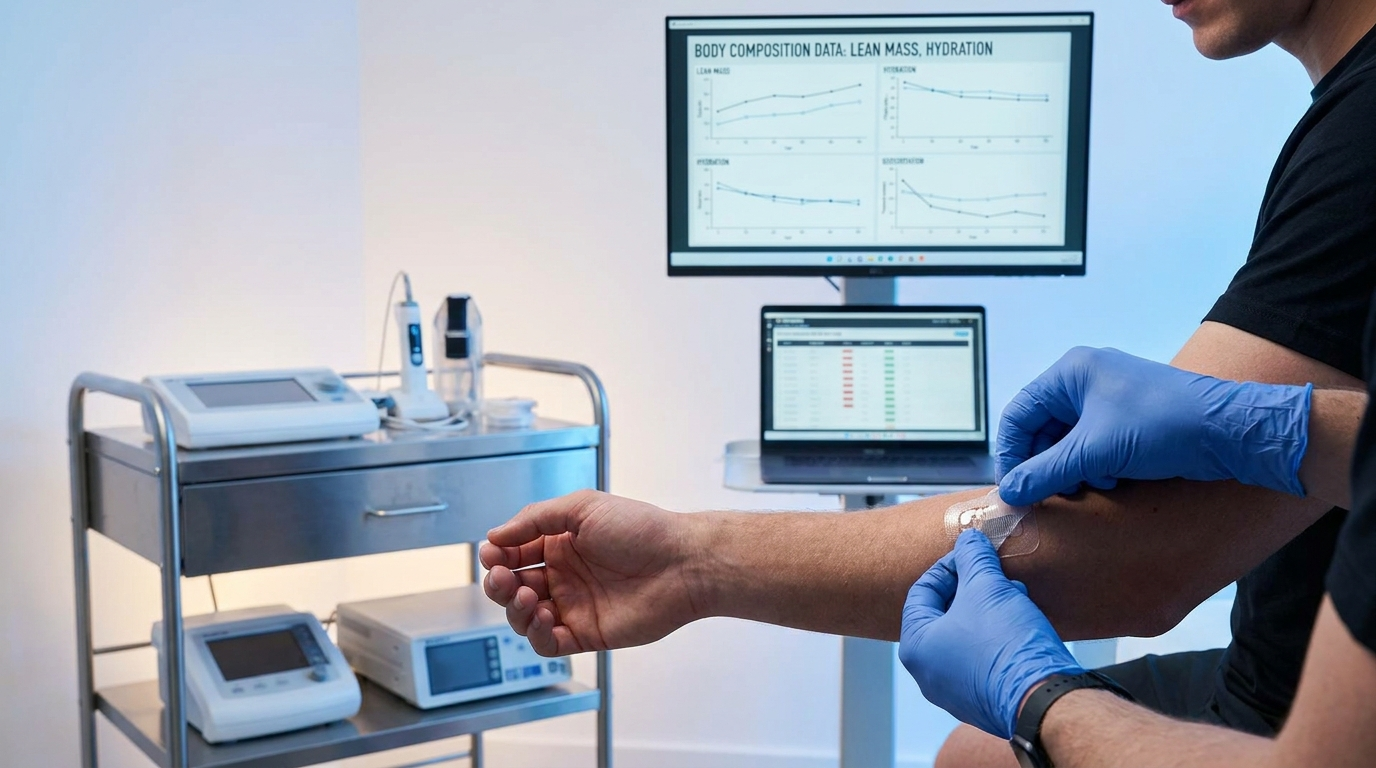 Sports science testing with sweat sensor and body composition data on screen