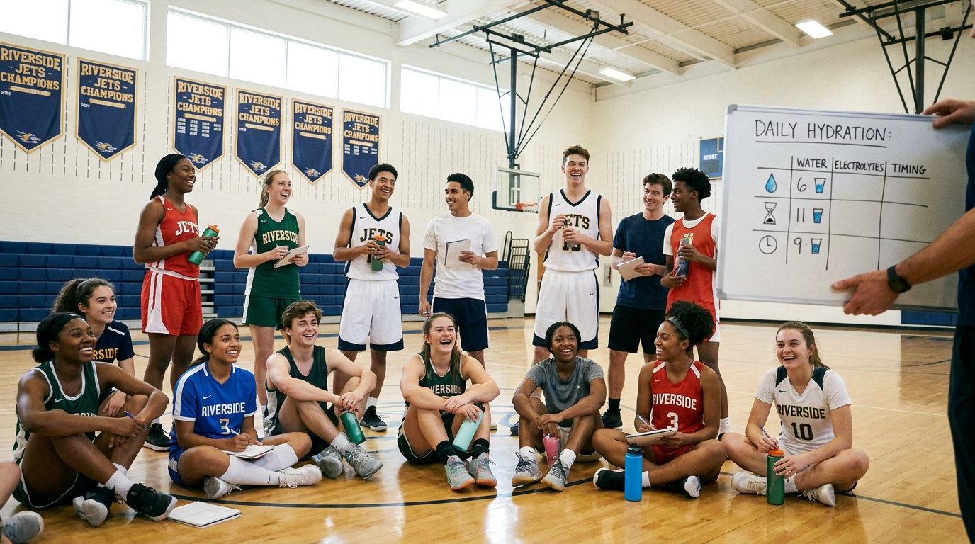 Team of high school athletes at a group nutrition workshop in a gymnasium