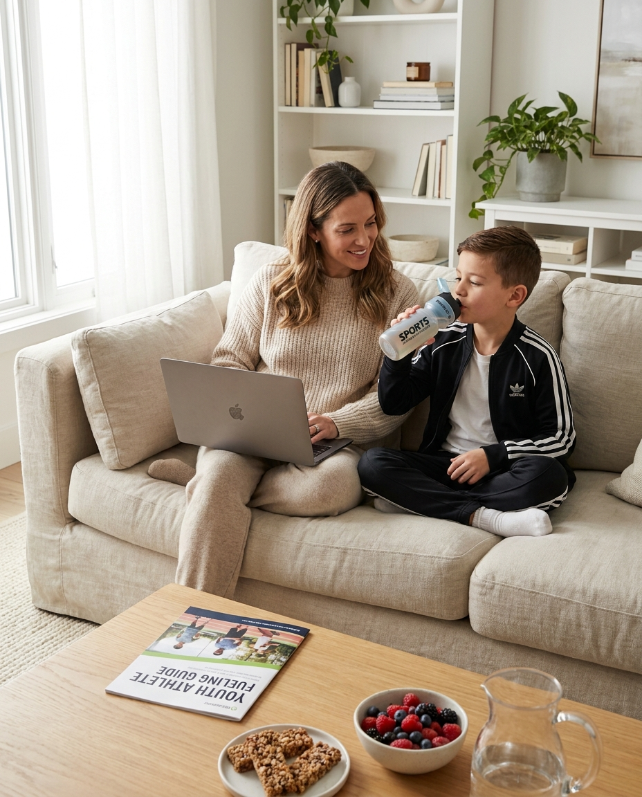 Parent and young athlete reviewing a fueling guide together on the couch