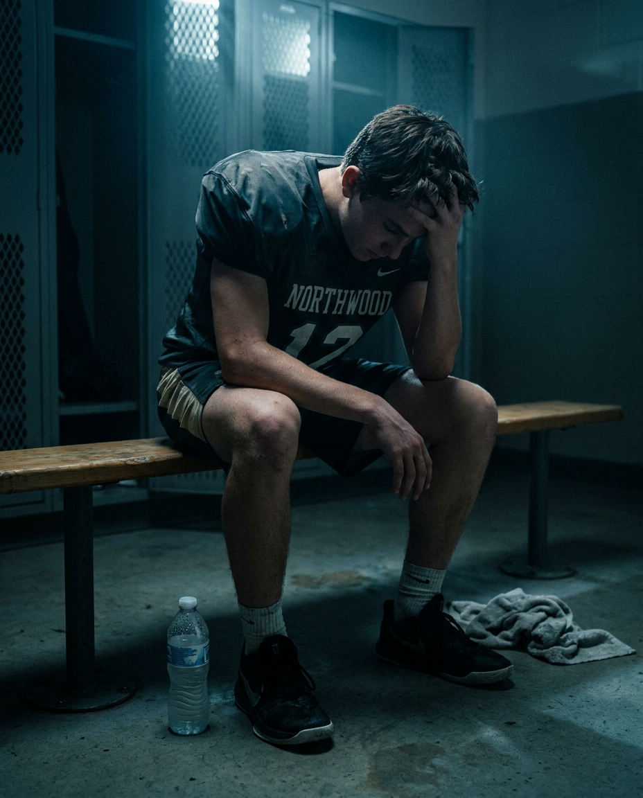 Exhausted young athlete sitting on a locker room bench, drained of energy