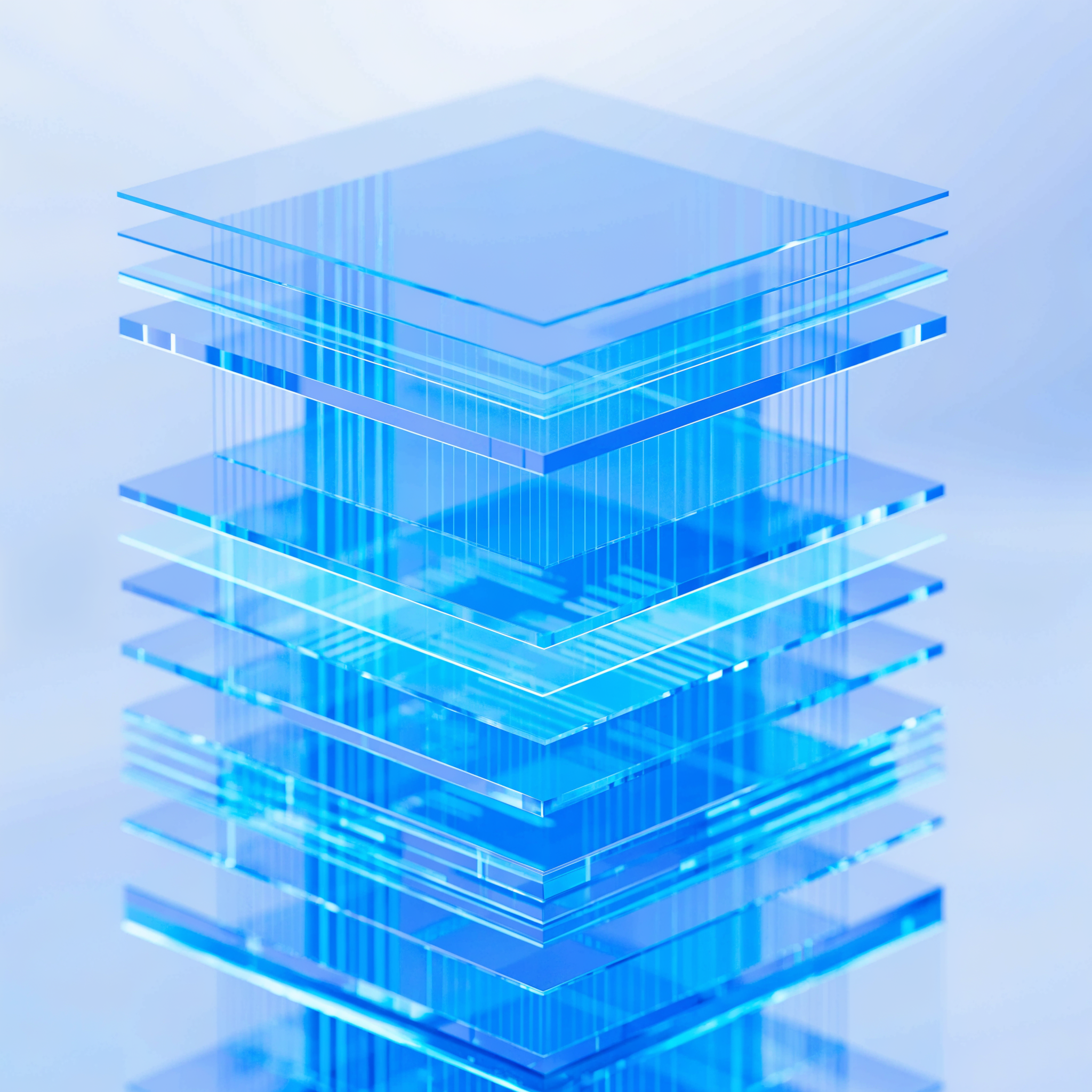 Abstract render: a layered architectural tower of translucent system strata