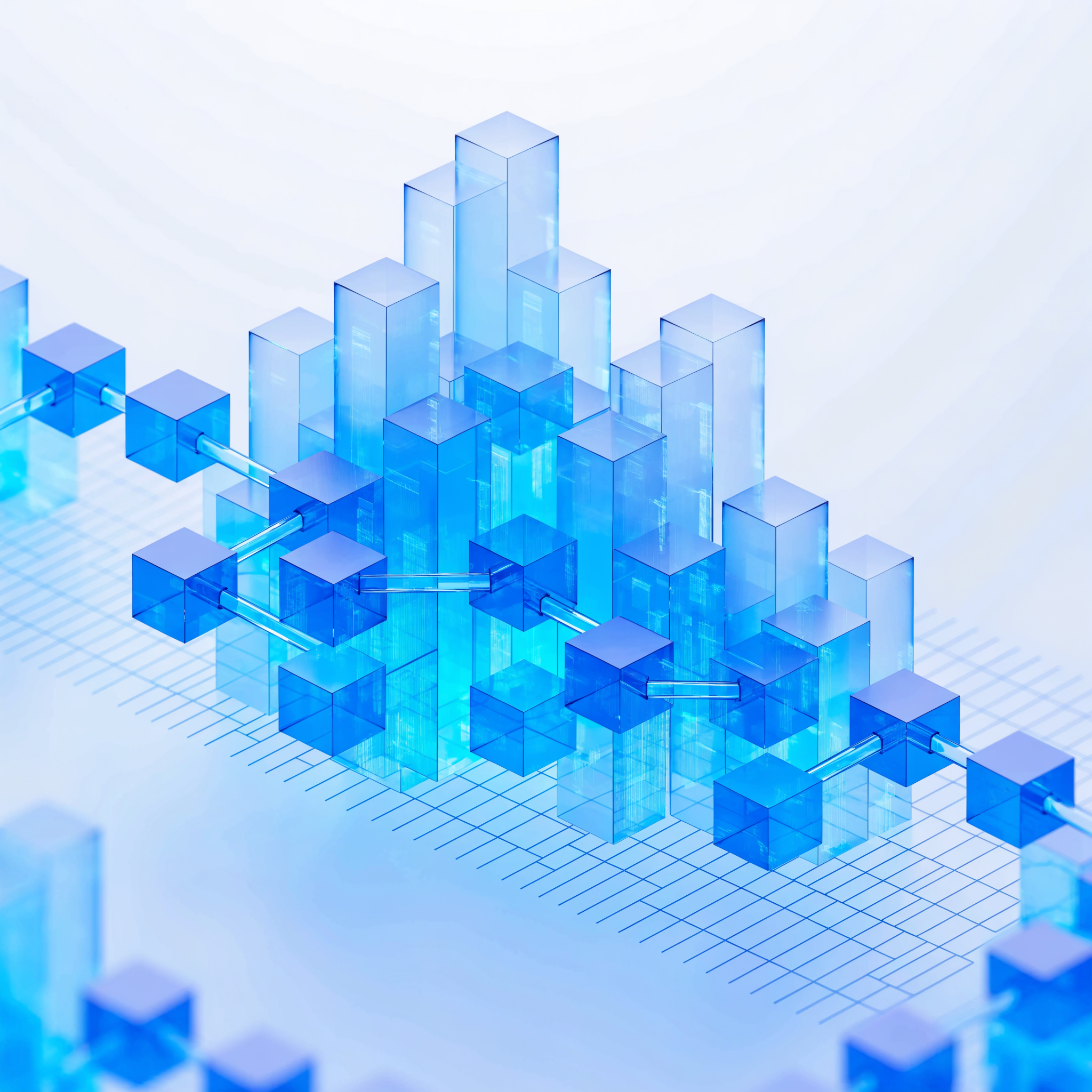 Abstract render: an expansive interconnected system of cubes and data columns