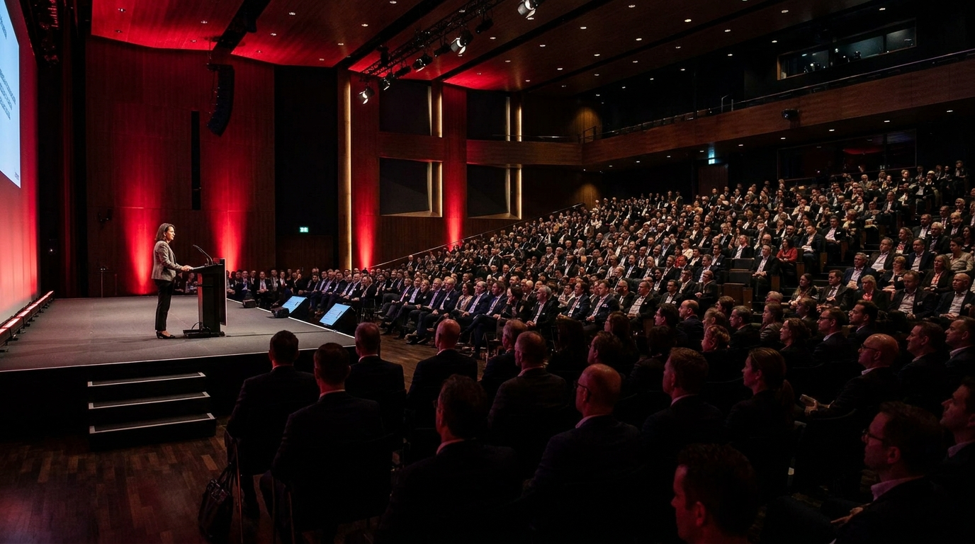 Yasmine speaking on stage at a real estate leadership event