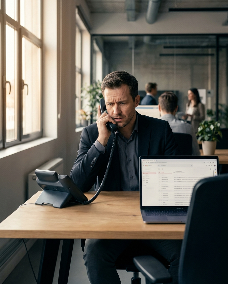 An employee taking a phone call at their desk