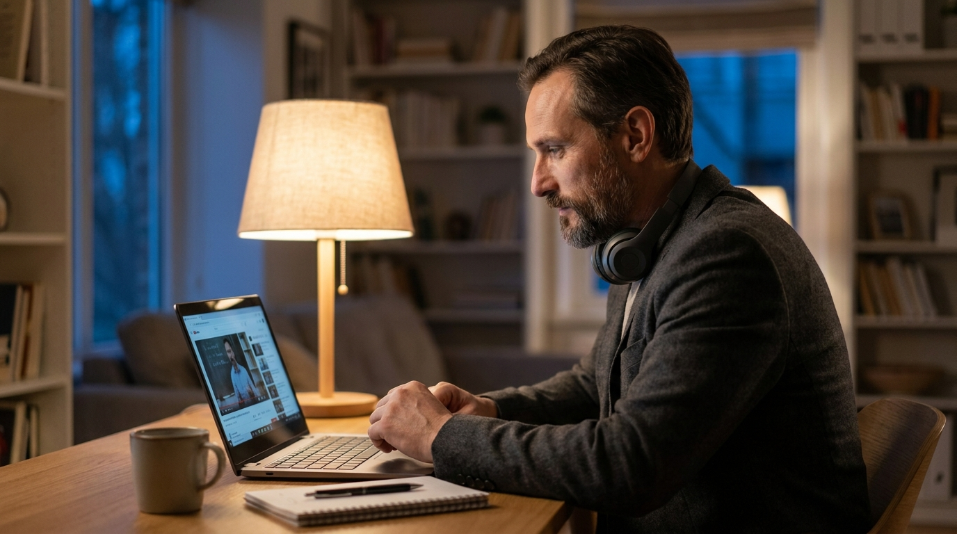 A business owner working through an online video course