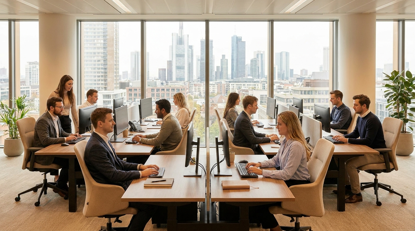 A full company team working in an open-plan office