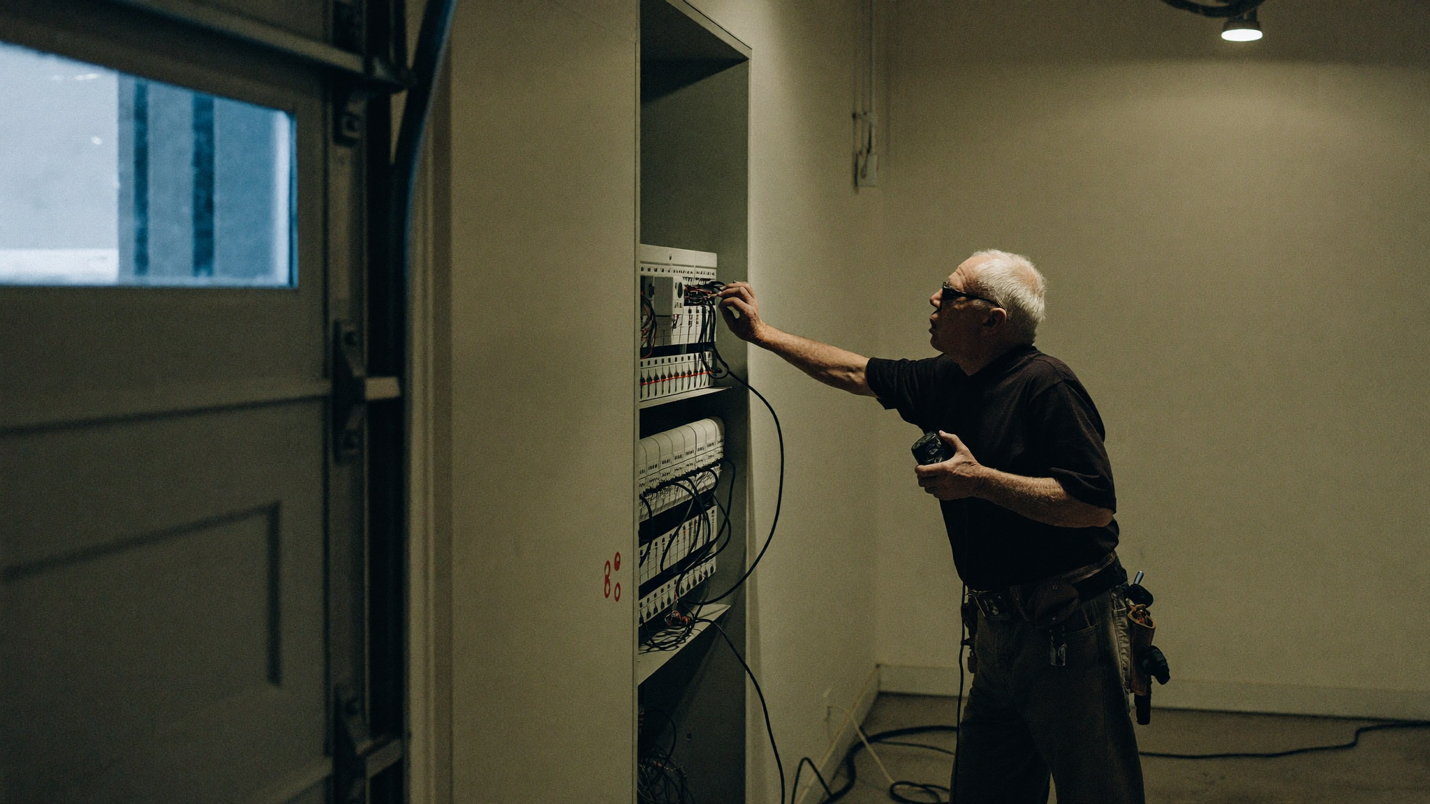 An older electrical contractor at an open breaker panel in a residential garage