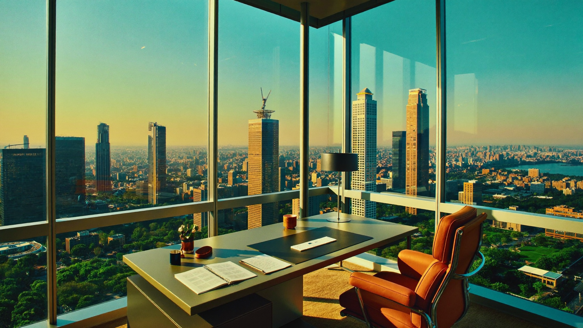 An elegant executive corner office overlooking a city skyline