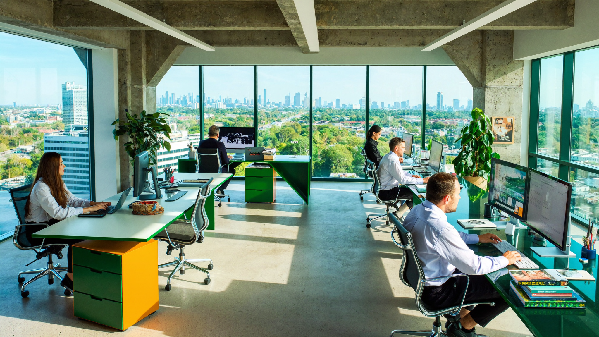 A wide view of a busy modern brokerage office with several agents at work