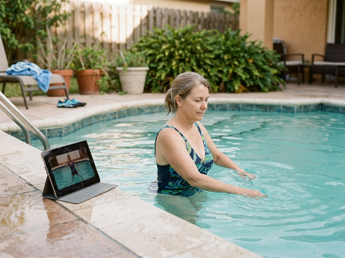 A patient being guided through an aquatic exercise