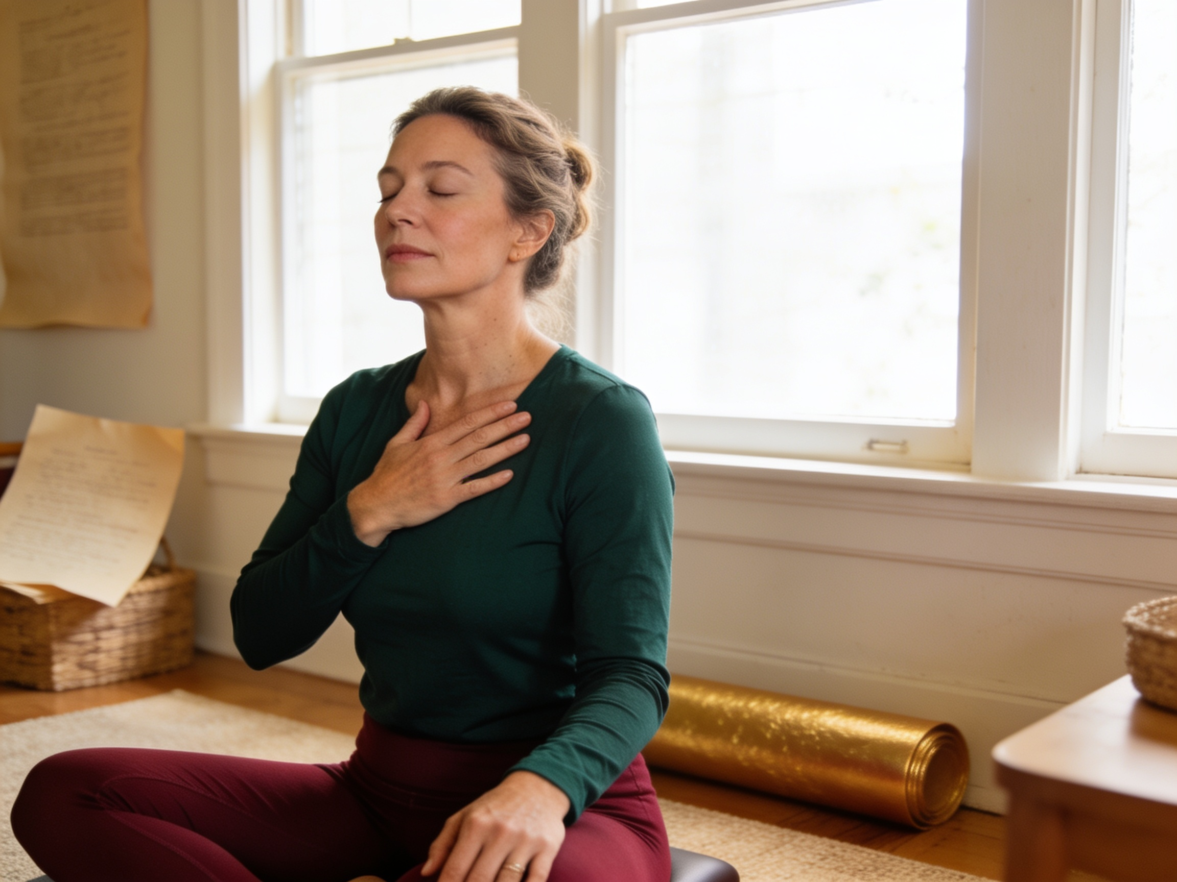 A woman doing a gentle seated fascial-release and breathing exercise by a bright window