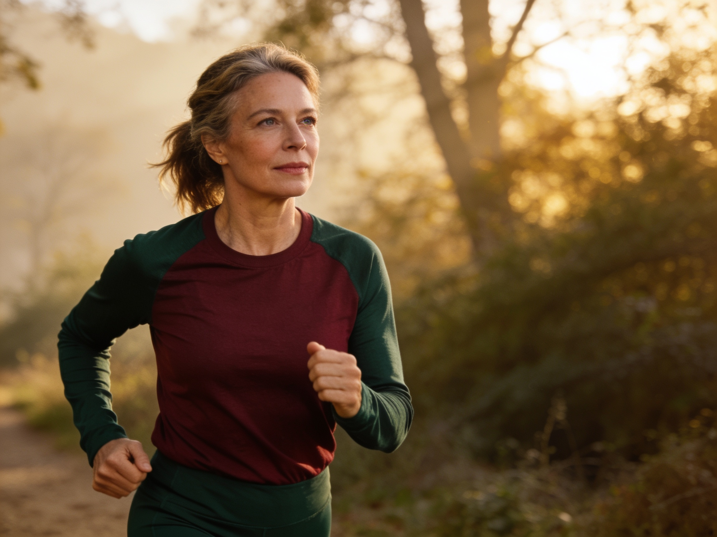 A vibrant woman on a morning walk outdoors