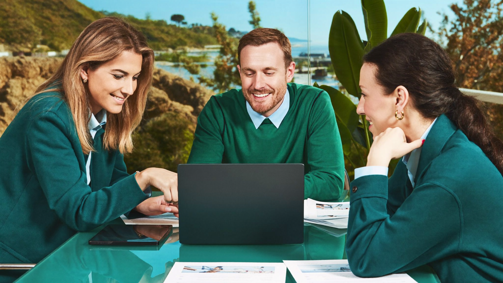 Experienced real estate team of professionals in their 30s and 40s collaborating in a bright office