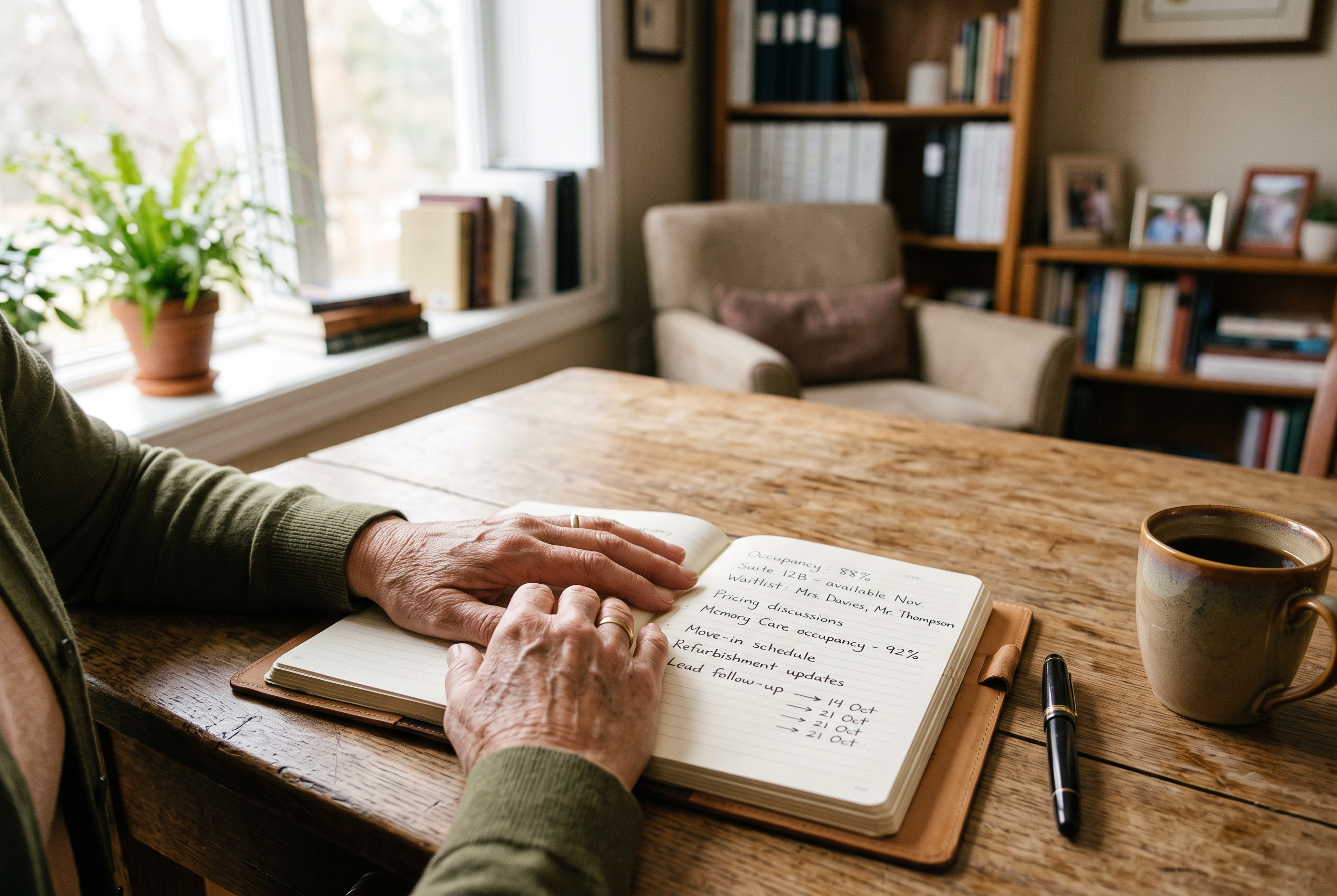 An advisor's hands over an open notebook of handwritten occupancy notes and a coffee cup on a warm desk by a sunlit window