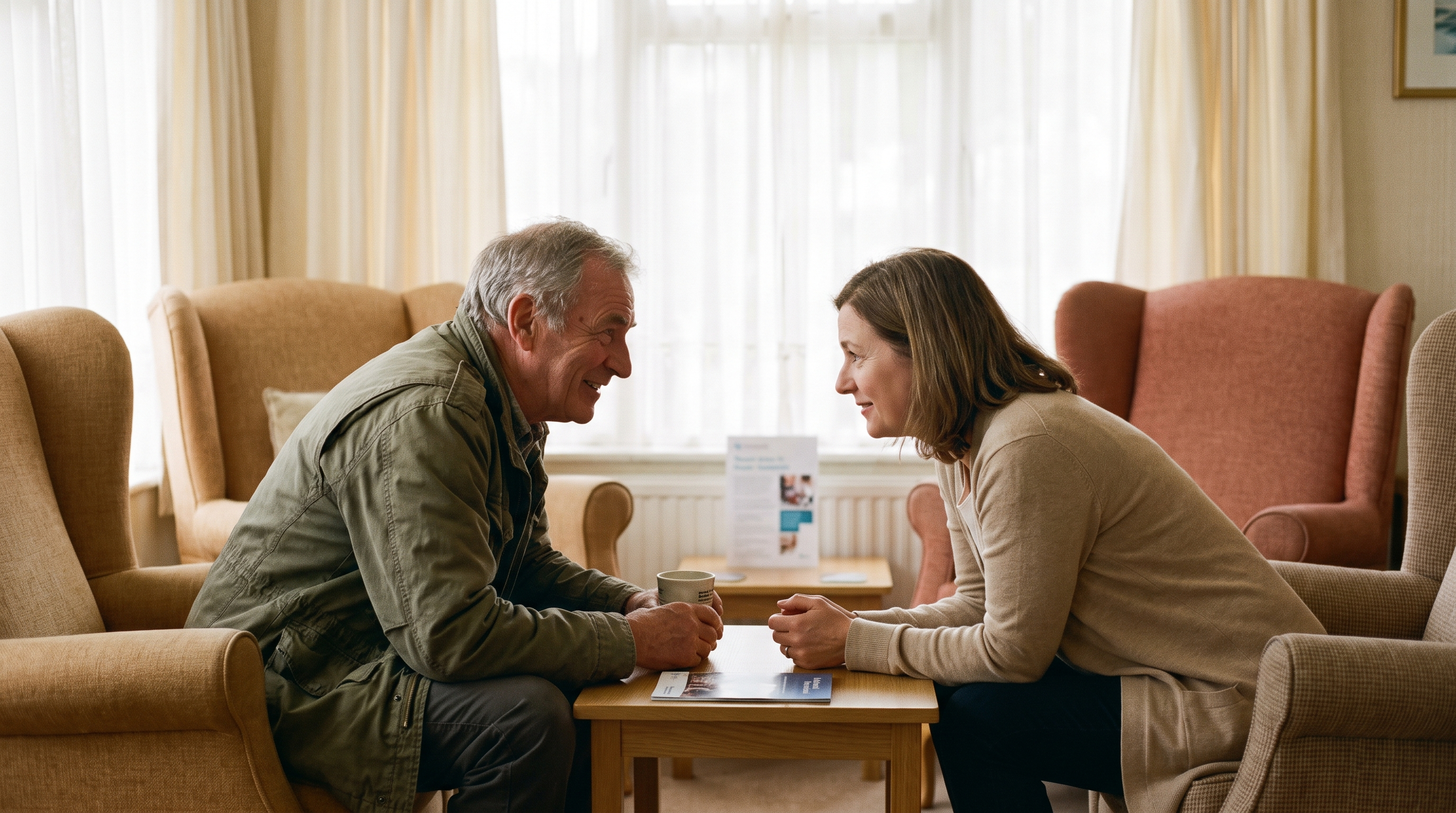 An advisor and an older family member in warm, unhurried conversation in a sunlit sitting room