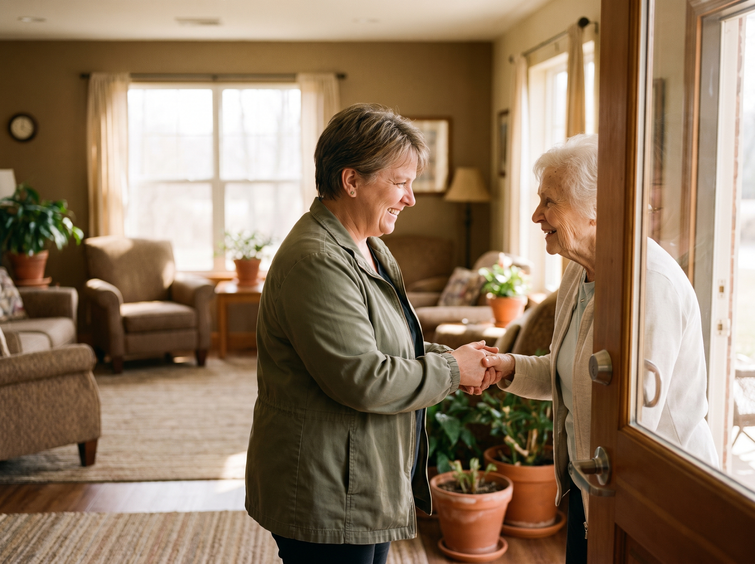 A welcoming doorway into a sunlit, well-built senior living sitting room