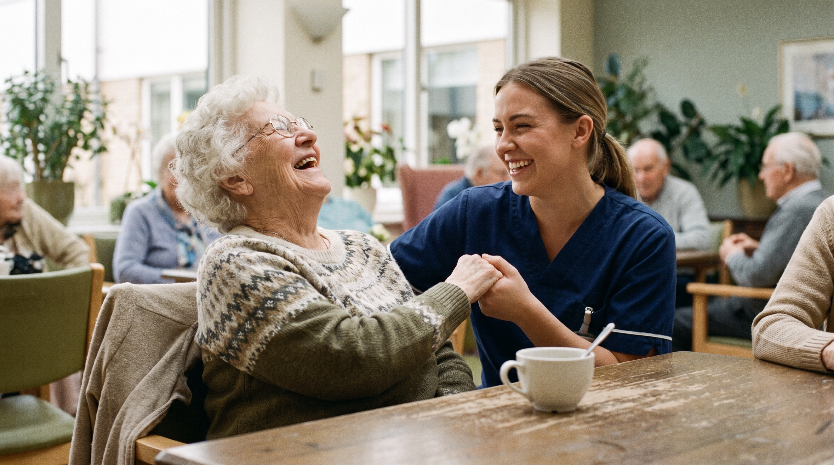 A resident and a staff member sharing coffee and conversation in a warm common area
