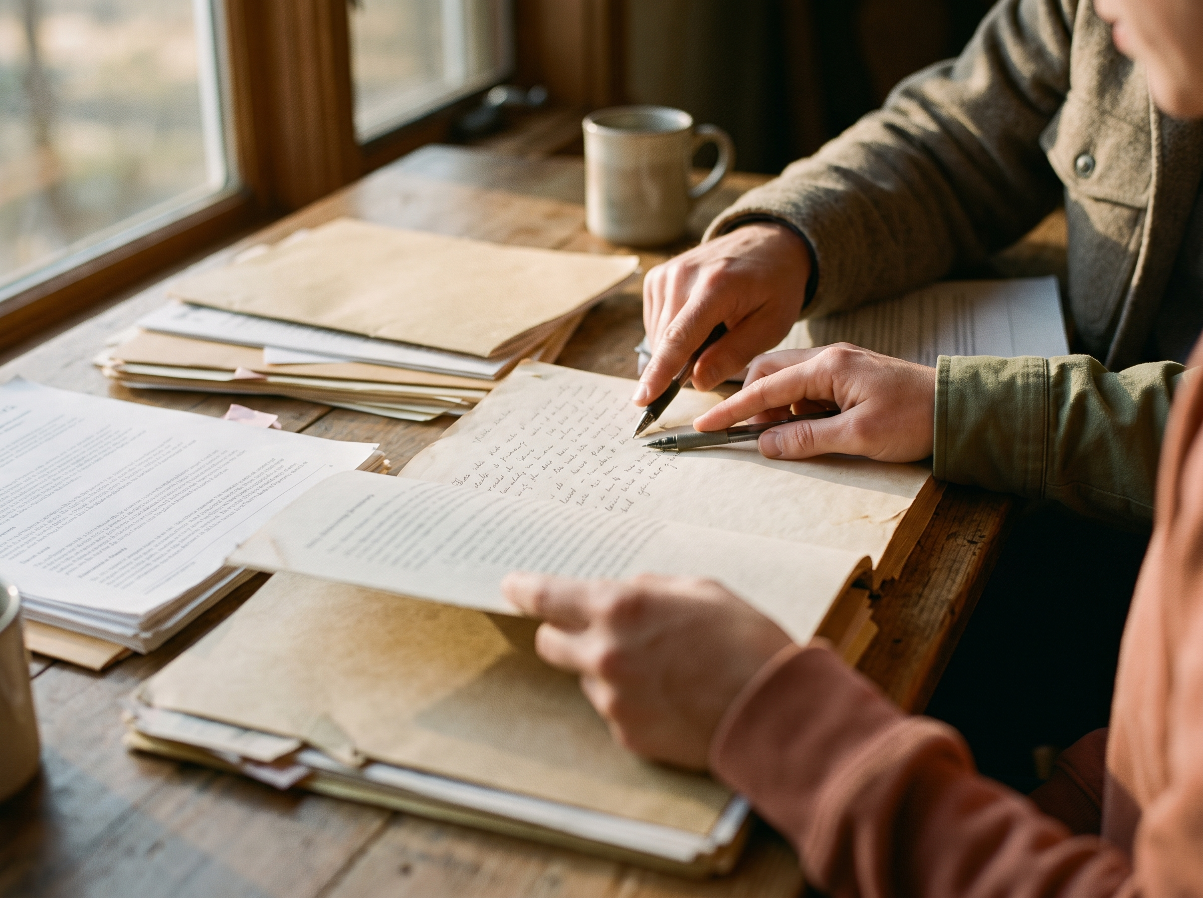 Hands spreading printed pages and handwritten notes across a warm table, one page coming into focus