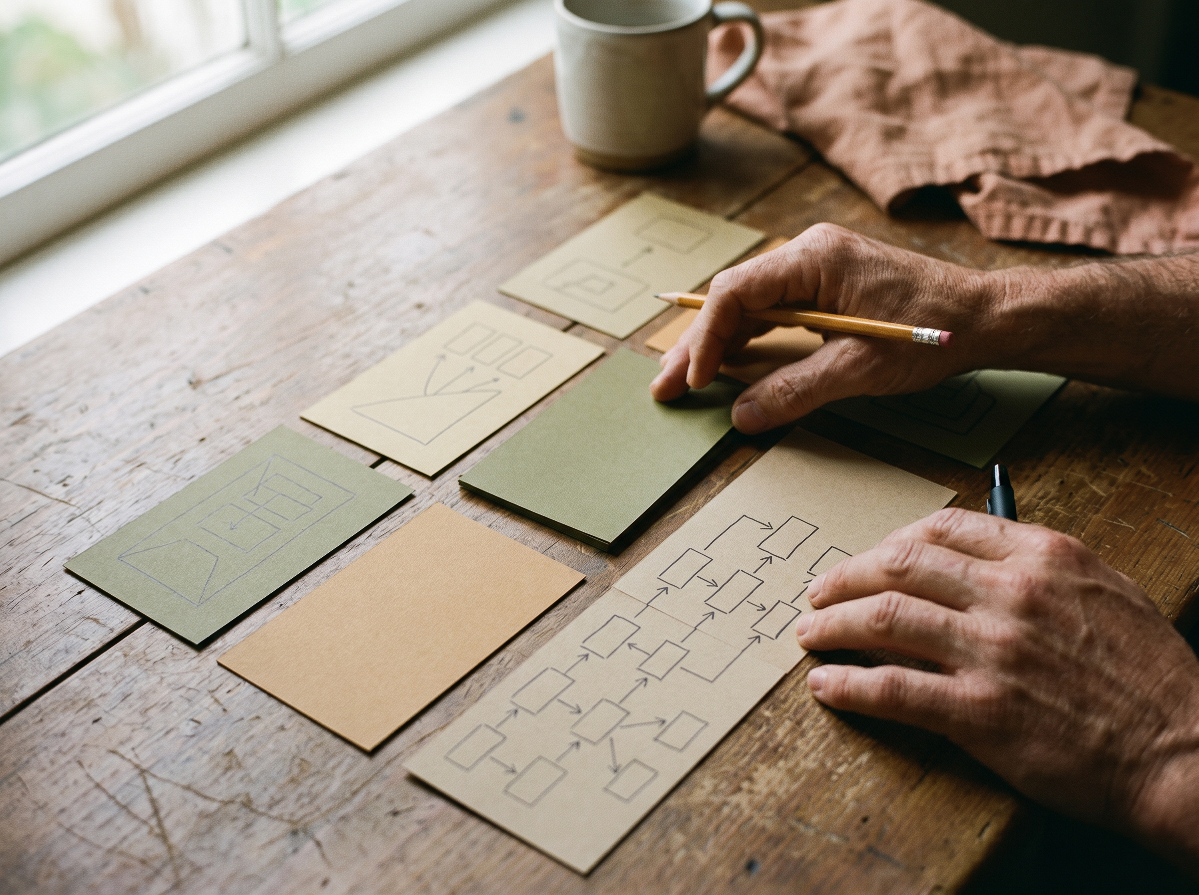 Hands arranging index cards and a hand-drawn process flow on a warm table