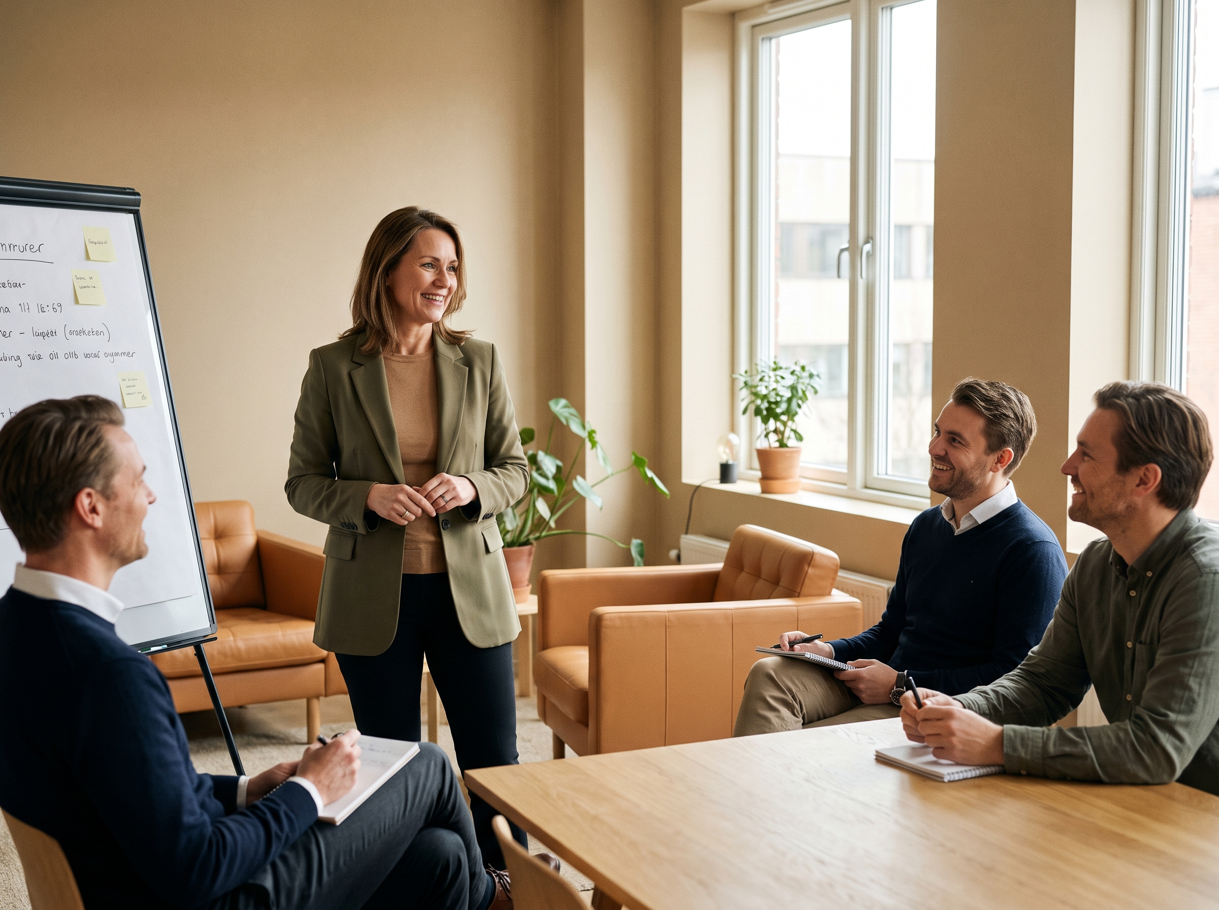 A confident sales director leading a small, engaged team briefing in a bright office