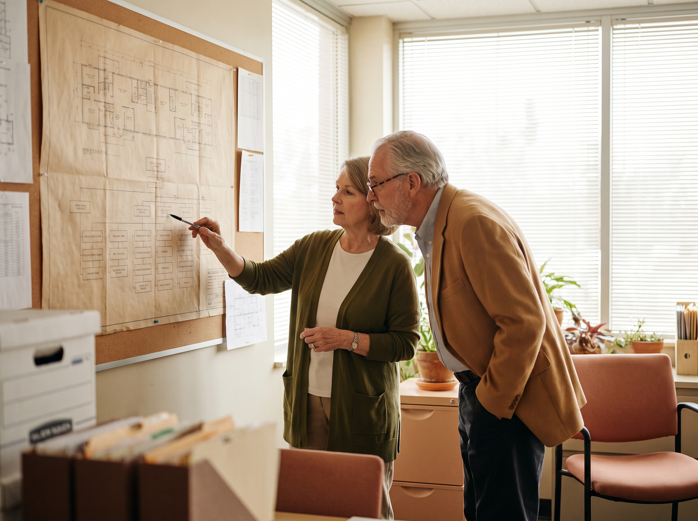 Two senior-living professionals examining a printed pipeline diagram on an office wall