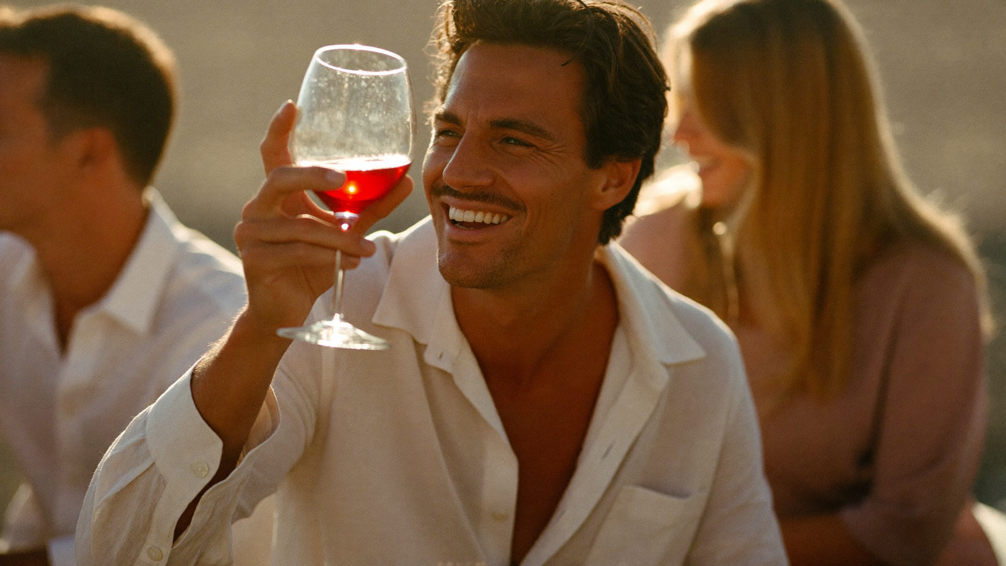 Man confidently raising a glass of wine to admire its color at golden hour