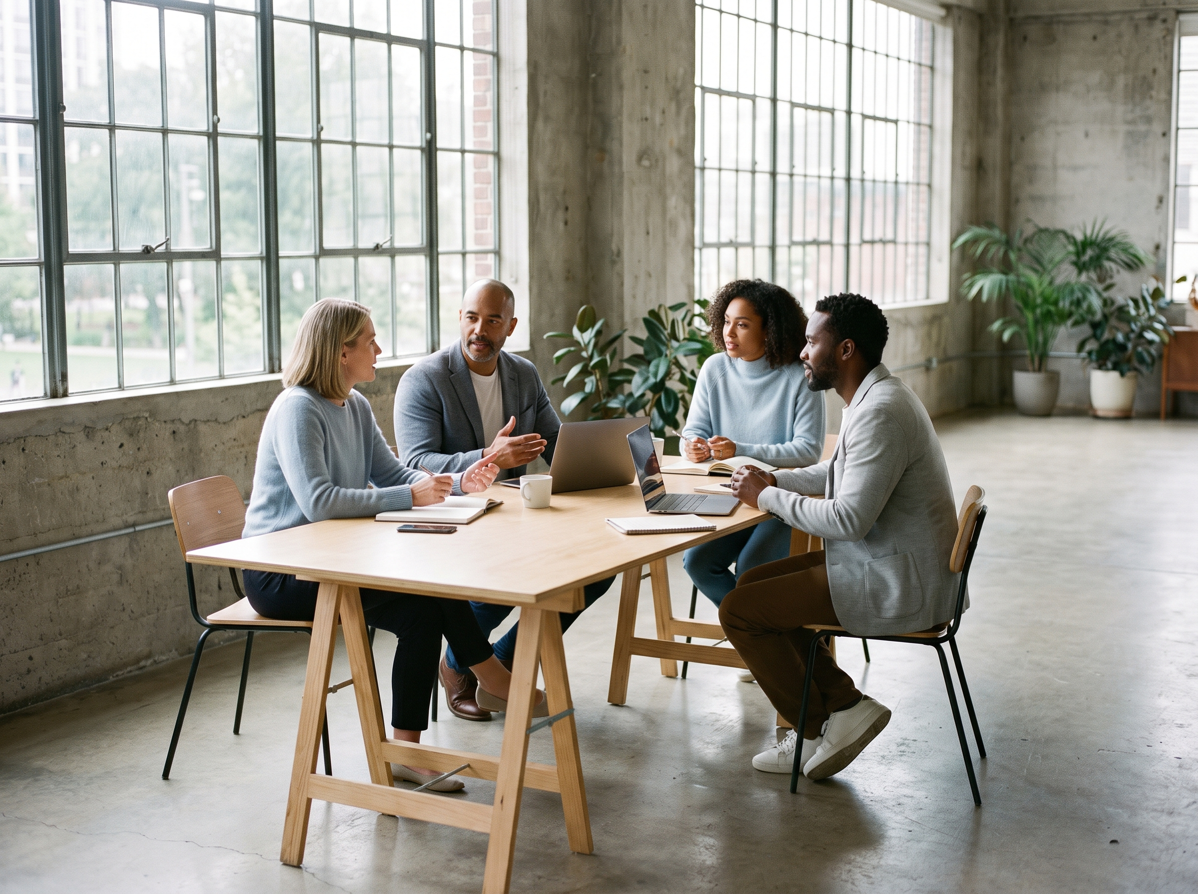 A small team collaborating calmly in a bright workspace — coordinated organizational capacity
