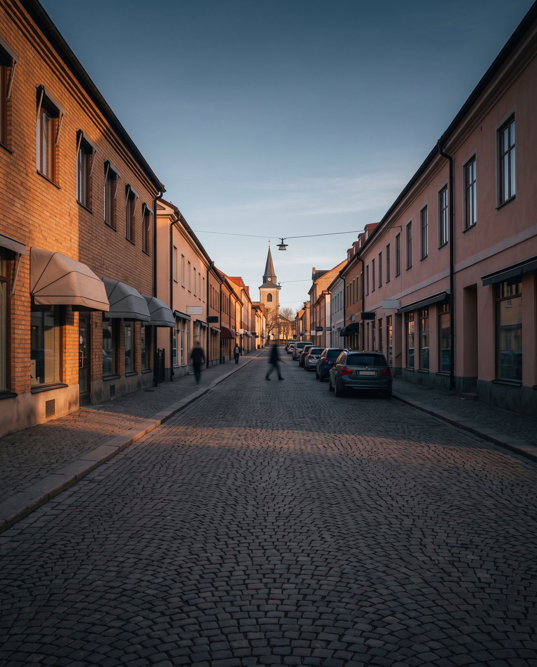 A quiet Swedish town main street at golden hour — the kind of place the method is designed for.
