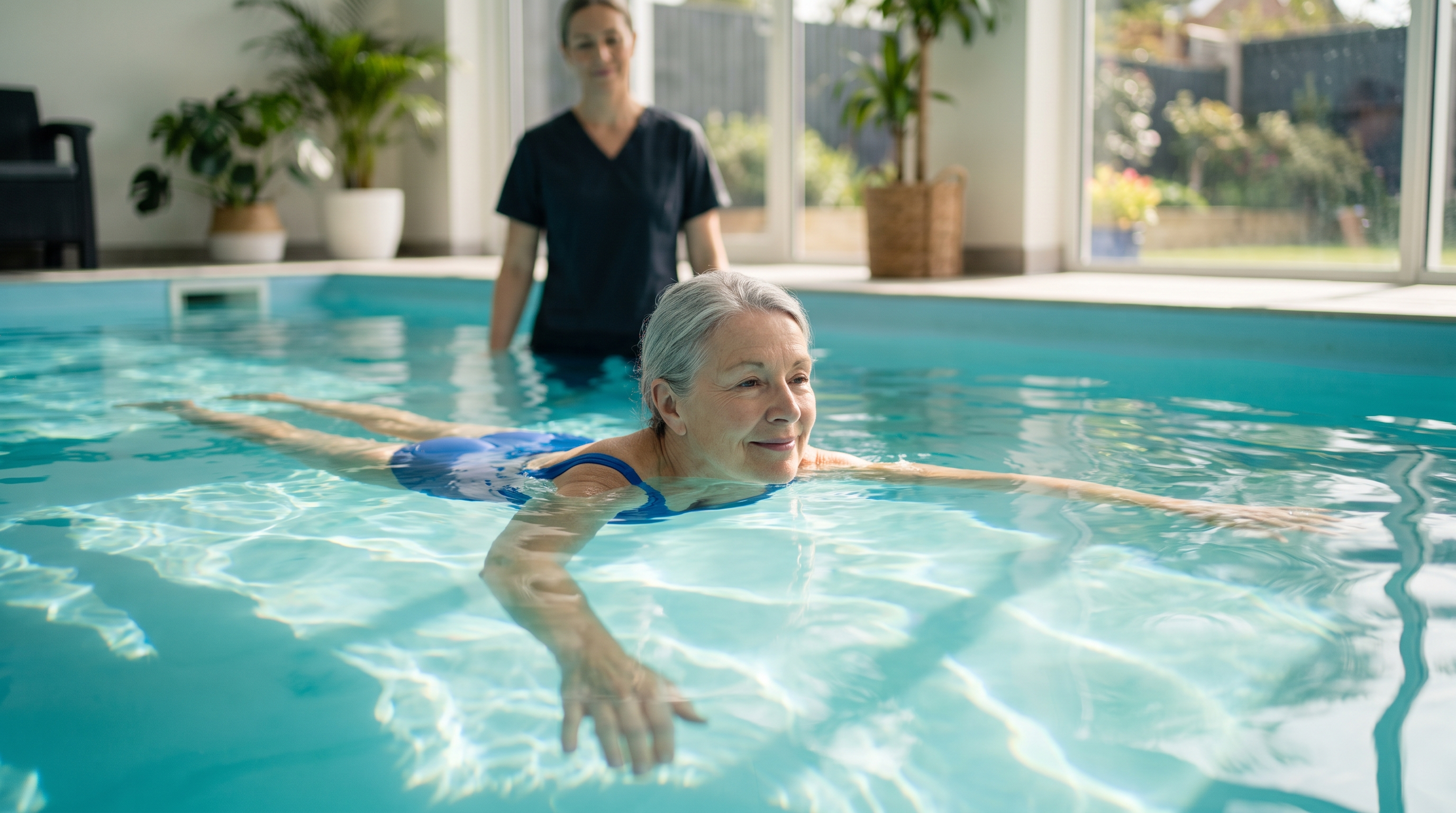 An older adult moving gently in a therapy pool