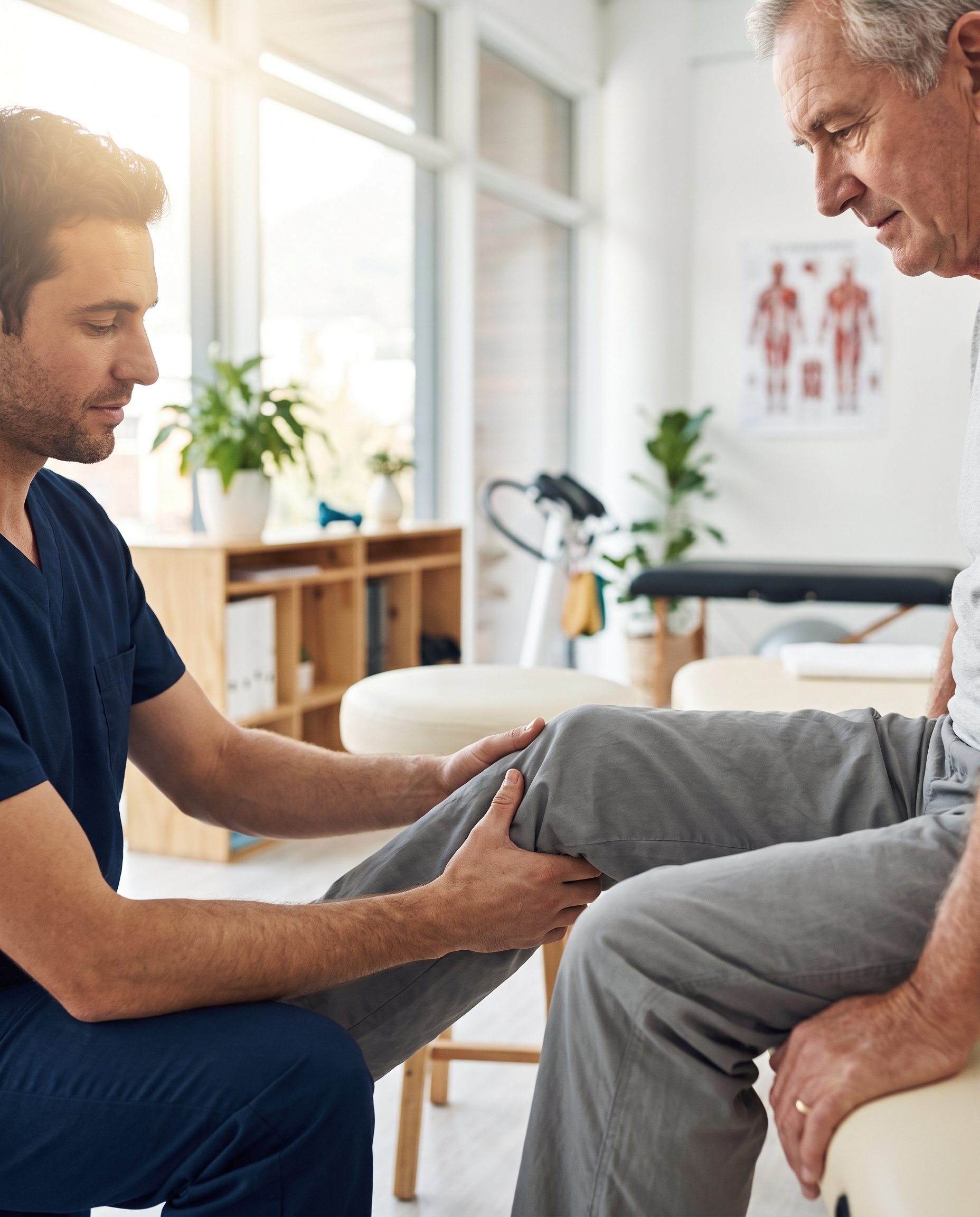 A physiotherapist supporting a patient's knee joint