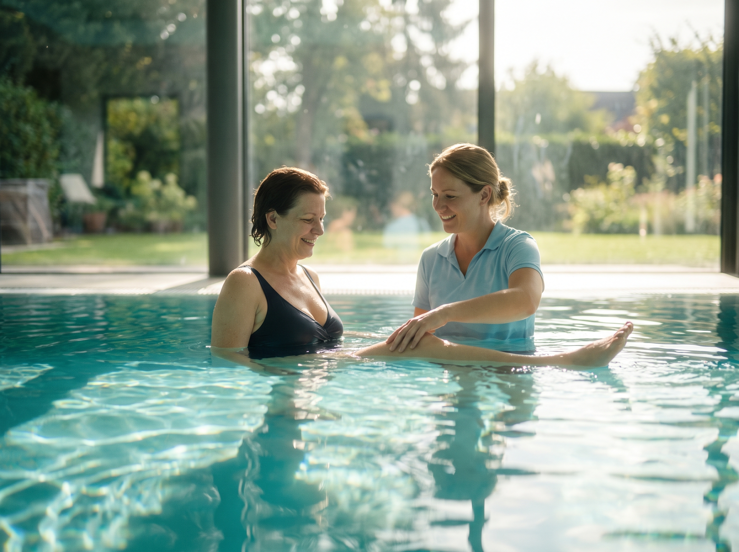A patient exercising chest-deep in a therapy pool